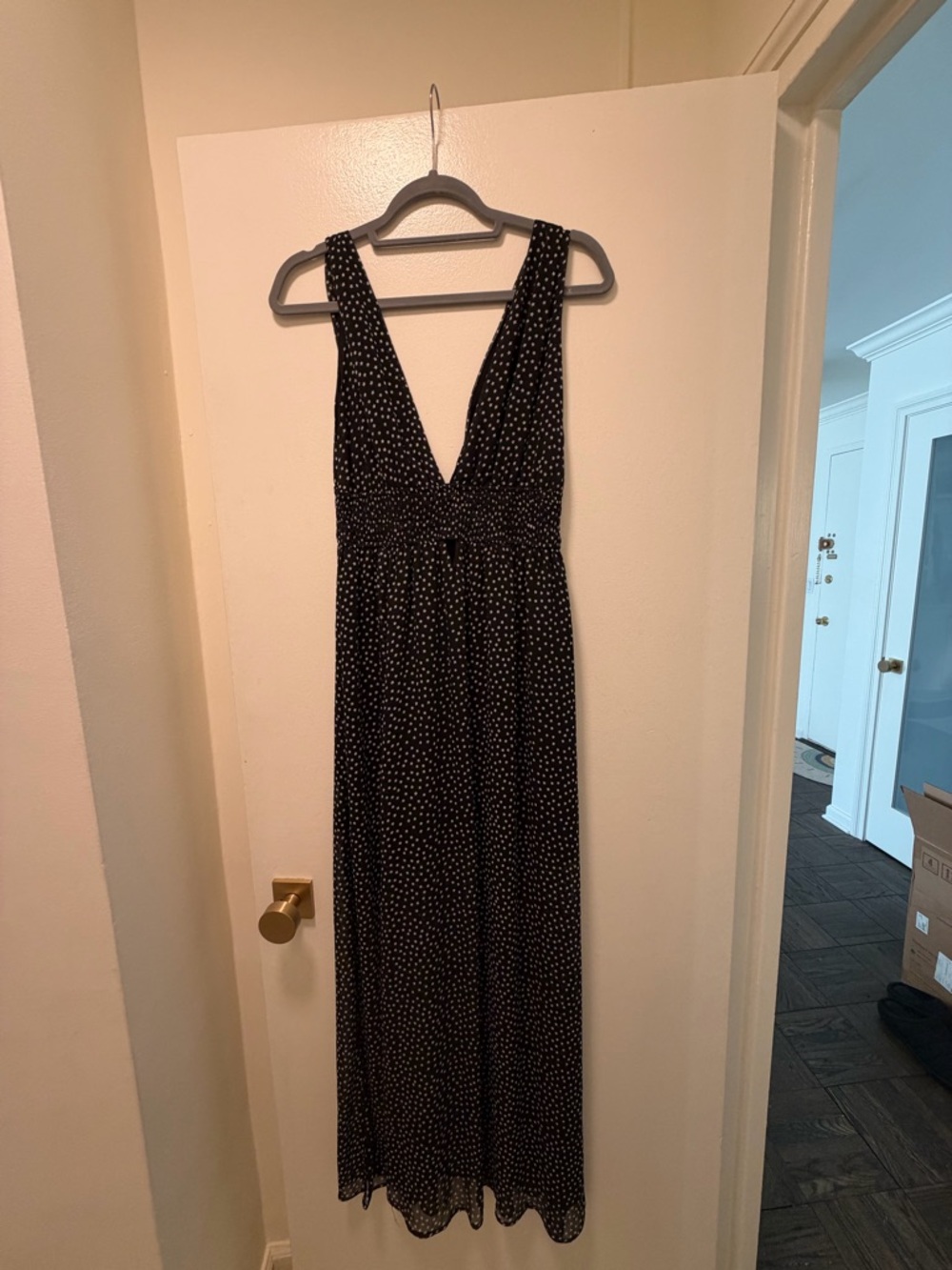 re:named Black Polka Dot Maxi Dress with Deep V-Neck
